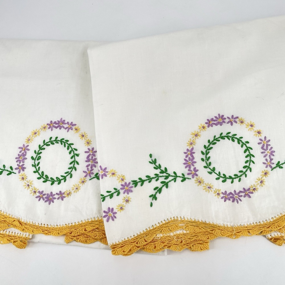 Vintage MCM Floral Embroidered Pillowcases Set of 2 White Cotton Crocheted Hems